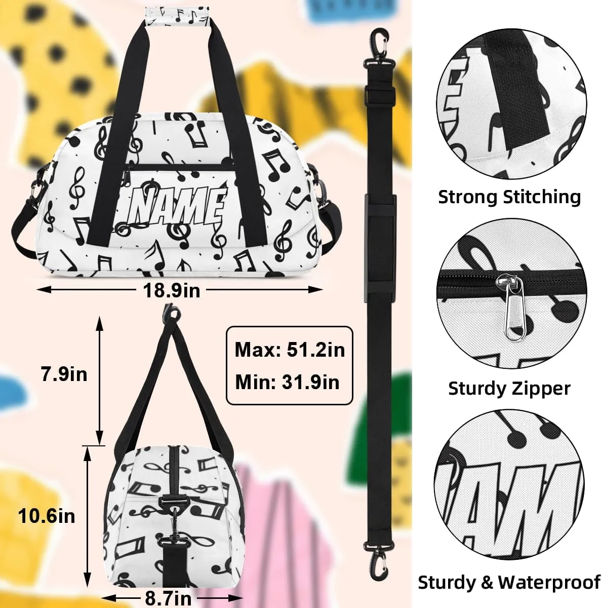 Personalized Custom Gym Bag for Women Men Carry on Music Notes Travel Duffel Tote Rustic Musical Overnight Workout Weekender Bag