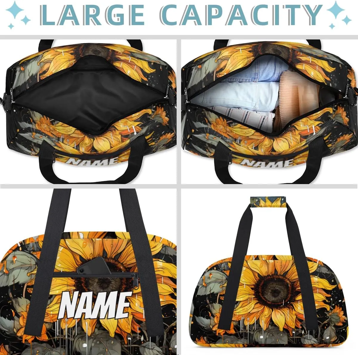 Personalized Custom Gym Bag for Women Men Carry on Rustic Sunflower Travel Duffel Tote Farmhouse Flowers Overnight Workout Weekender Bag