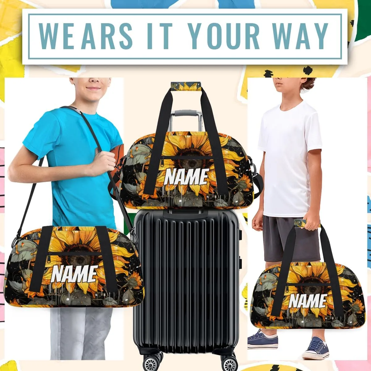 Personalized Custom Gym Bag for Women Men Carry on Rustic Sunflower Travel Duffel Tote Farmhouse Flowers Overnight Workout Weekender Bag