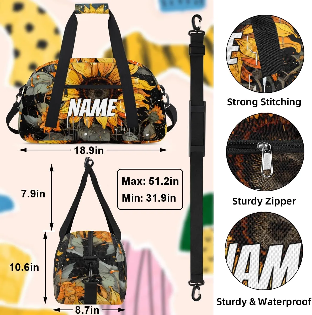 Personalized Custom Gym Bag for Women Men Carry on Rustic Sunflower Travel Duffel Tote Farmhouse Flowers Overnight Workout Weekender Bag