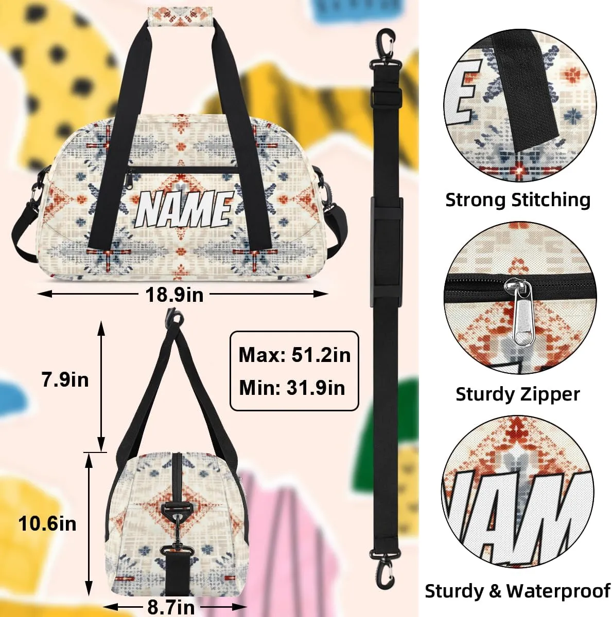 Personalized Custom Gym Bag for Women Men Carry on Vintage Boho Travel Duffel Tote Abstract Rustic Overnight Workout Weekender Bag