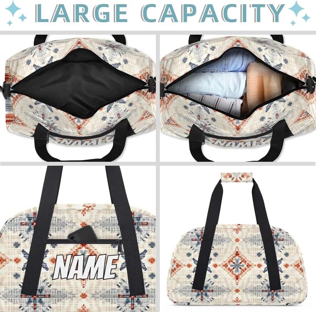 Personalized Custom Gym Bag for Women Men Carry on Vintage Boho Travel Duffel Tote Abstract Rustic Overnight Workout Weekender Bag