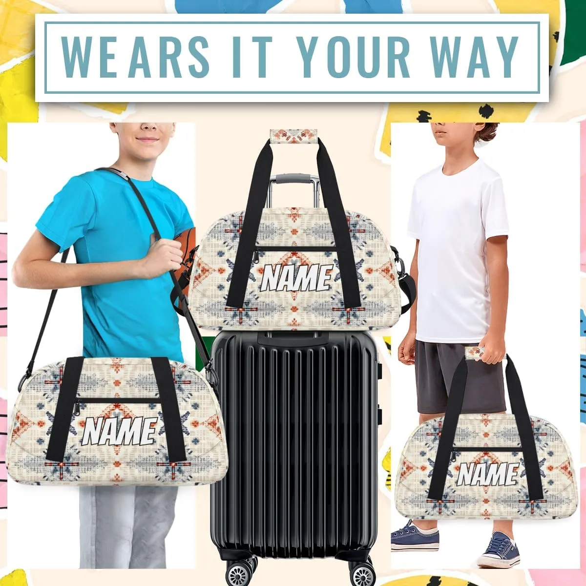 Personalized Custom Gym Bag for Women Men Carry on Vintage Boho Travel Duffel Tote Abstract Rustic Overnight Workout Weekender Bag
