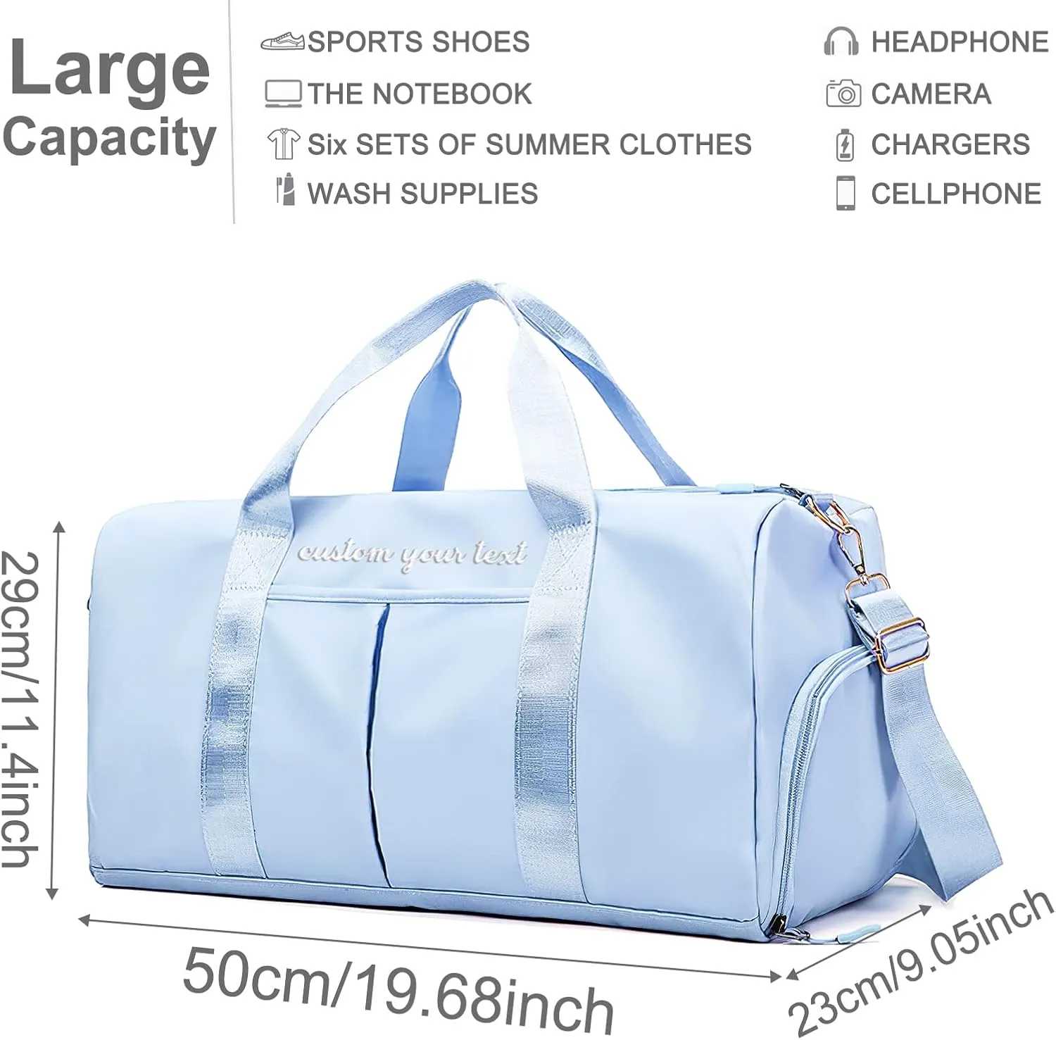 Personalized Duffel Bag Embroidered Name Text Custom Sport Gym Bags Travel With Wet Dry Pockets & Shoe Weekend Travel Bag Overnight Bag for Women-Blue