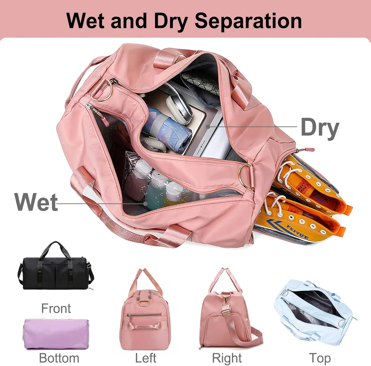 Personalized Duffel Bag Embroidered Name Text Custom Sport Gym Bags Travel With Wet Dry Pockets & Shoe Weekend Travel Bag Overnight Bag for Women-Blue