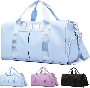 Personalized Duffel Bag Embroidered Name Text Custom Sport Gym Bags Travel With Wet Dry Pockets & Shoe Weekend Travel Bag Overnight Bag for Women-Blue