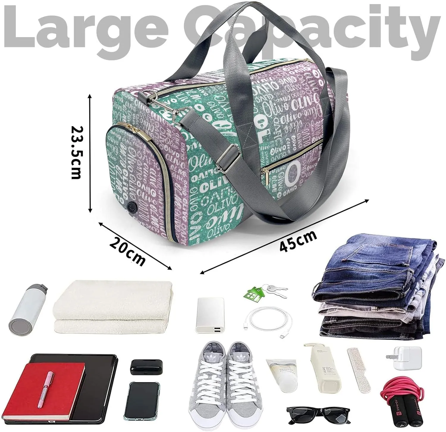Personalized Duffel Bag with Name Custom Travel Bags for Woman Sports Gym Bag Wet Dry Pockets & Shoe Compartment Weekend Overnight Bag Gift Green Purple