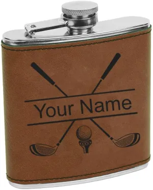 Personalized Golf Club Flask, Custom Golfing Birdie Juice Hip Faix Leather Leatherette Stainless Steel Metal Matte 6-Ounce Golf Bag Engraved Flask (Dark Brown)