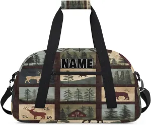 Personalized Gym Dance Bag with Name, Rustic Wildlife Animals Reindeer Forest Custom Cheerleading Duffel Bag Travel Weekender Overnight Carry On Sleepover Bag