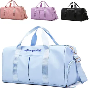 Personalized Initial Duffle Bag Custom Weekender Overnight Bags with Embroidery Name Sports Gym Travel Bags with Wet Dry Pockets Bridal Gift for Women Bridesmaid（Blue）