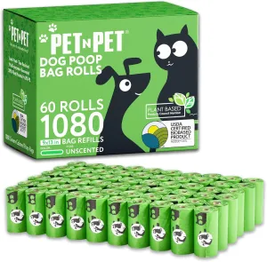 Pet N Pet 1080 Counts Green Poop Bags for Dogs, 38% Plant Based & 62% PE Extra Thick Dog Poop Bags Rolls, 9" x 13", Unscented Pet Waste Bag
