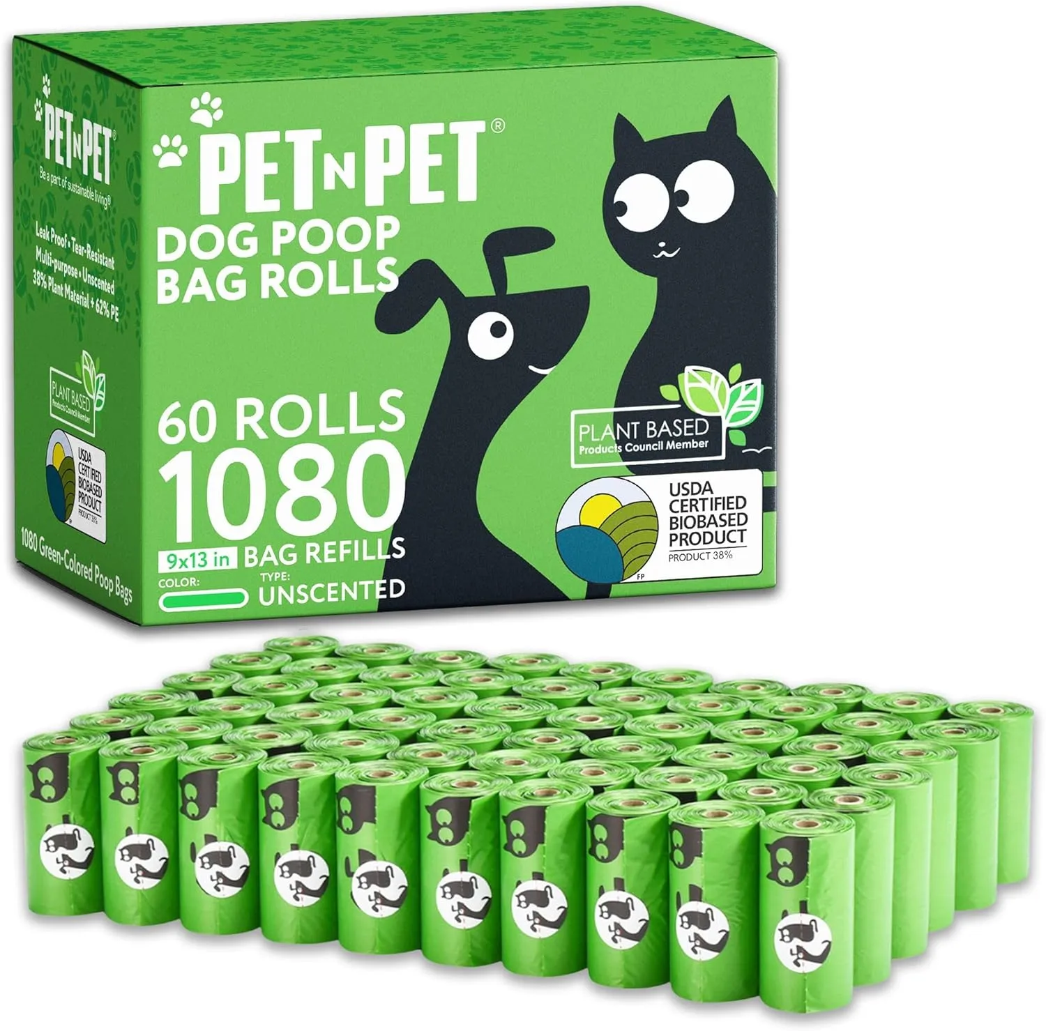 Pet N Pet 1080 Counts Green Poop Bags for Dogs, 38% Plant Based & 62% PE Extra Thick Dog Poop Bags Rolls, 9" x 13", Unscented Pet Waste Bag