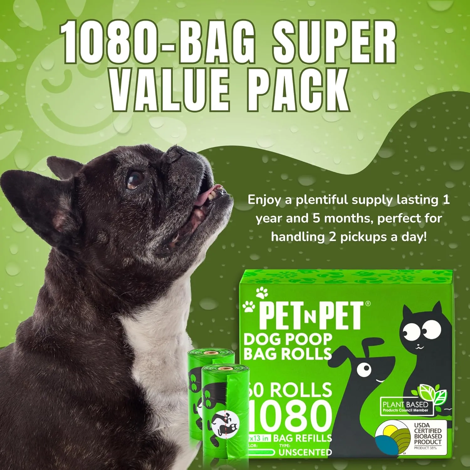 Pet N Pet 1080 Counts Green Poop Bags for Dogs, 38% Plant Based & 62% PE Extra Thick Dog Poop Bags Rolls, 9" x 13", Unscented Pet Waste Bag