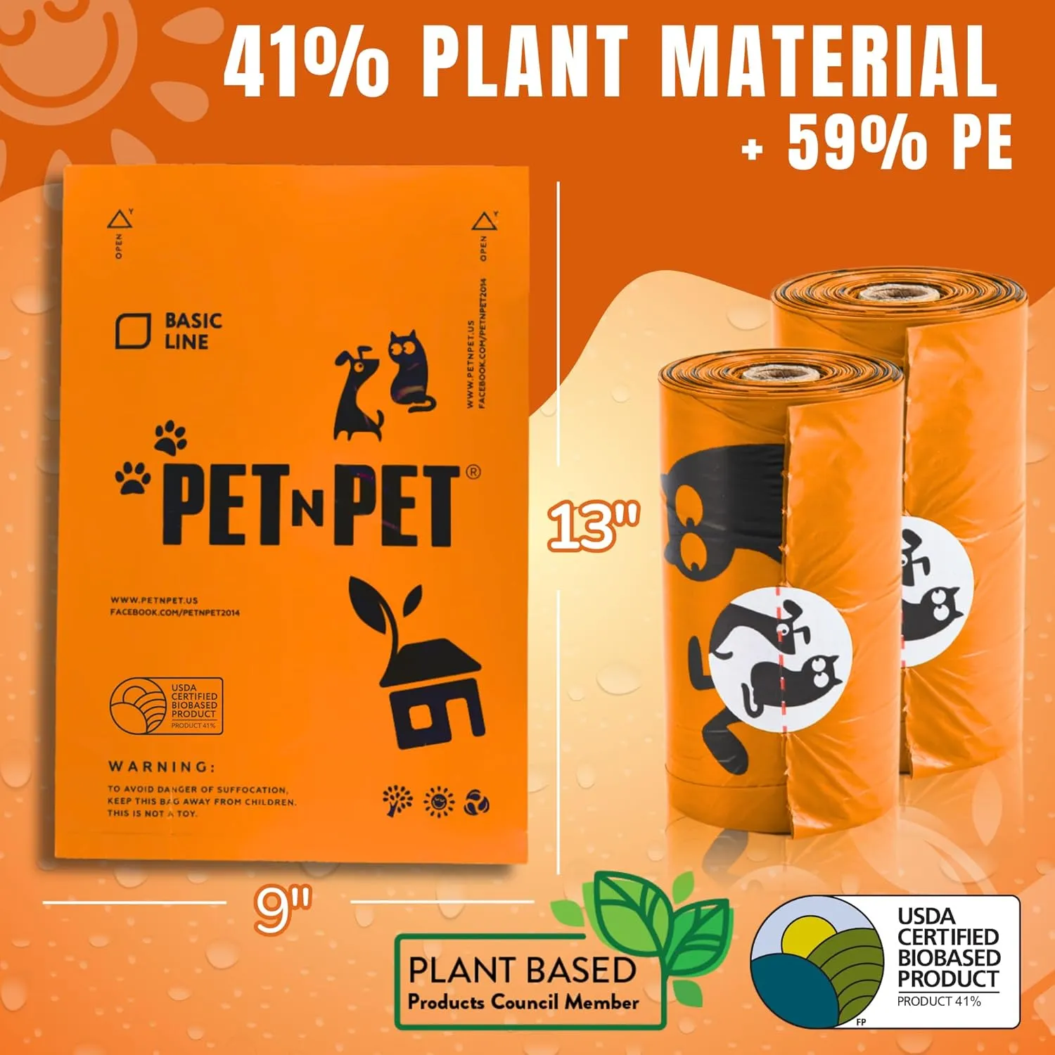 Pet N Pet 1080 Counts Orange Poop Bags for Dogs, 38% Plant Based & 62% PE Extra Thick Dog Poop Bags Rolls, 9" x 13", Unscented Pet Waste Bag