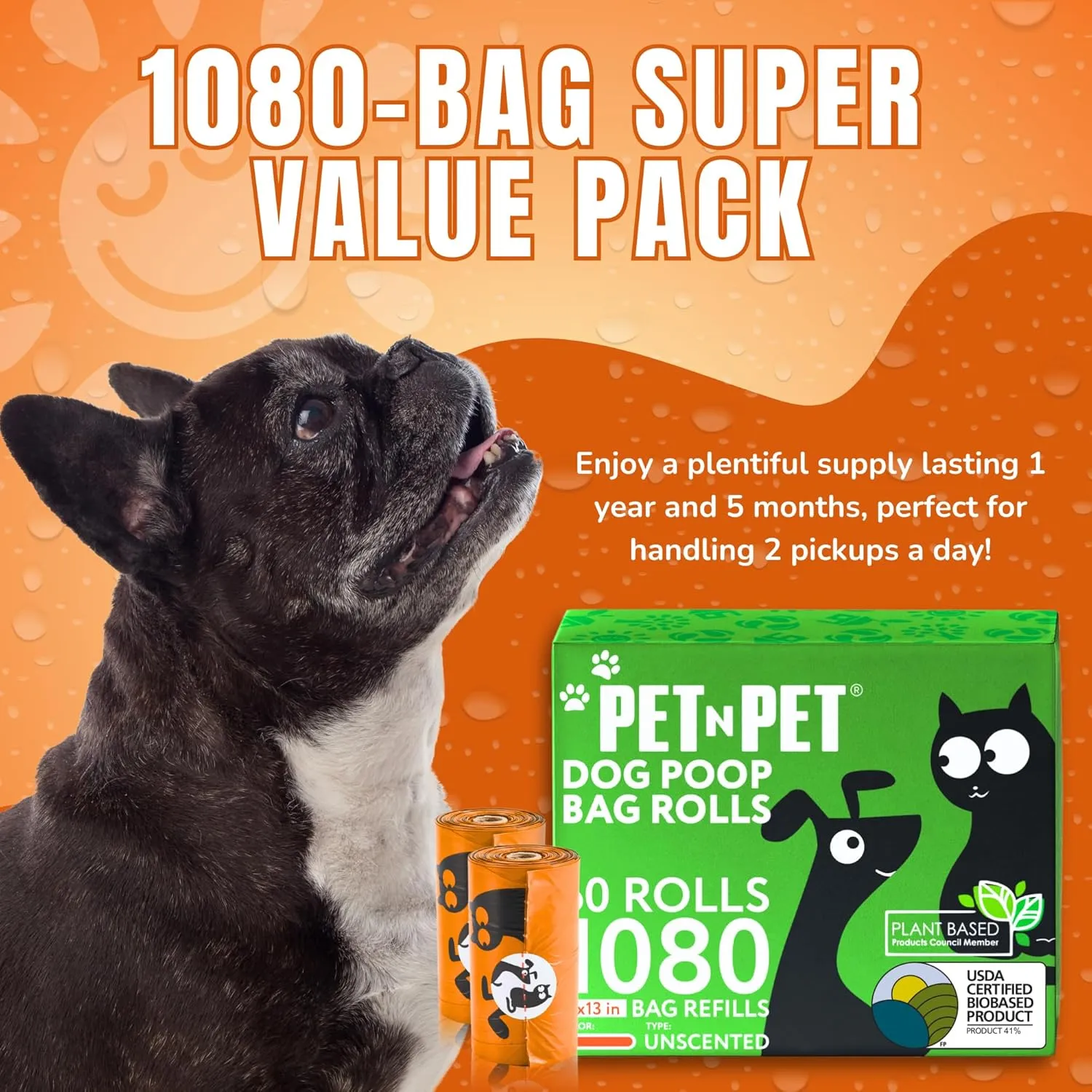 Pet N Pet 1080 Counts Orange Poop Bags for Dogs, 38% Plant Based & 62% PE Extra Thick Dog Poop Bags Rolls, 9" x 13", Unscented Pet Waste Bag