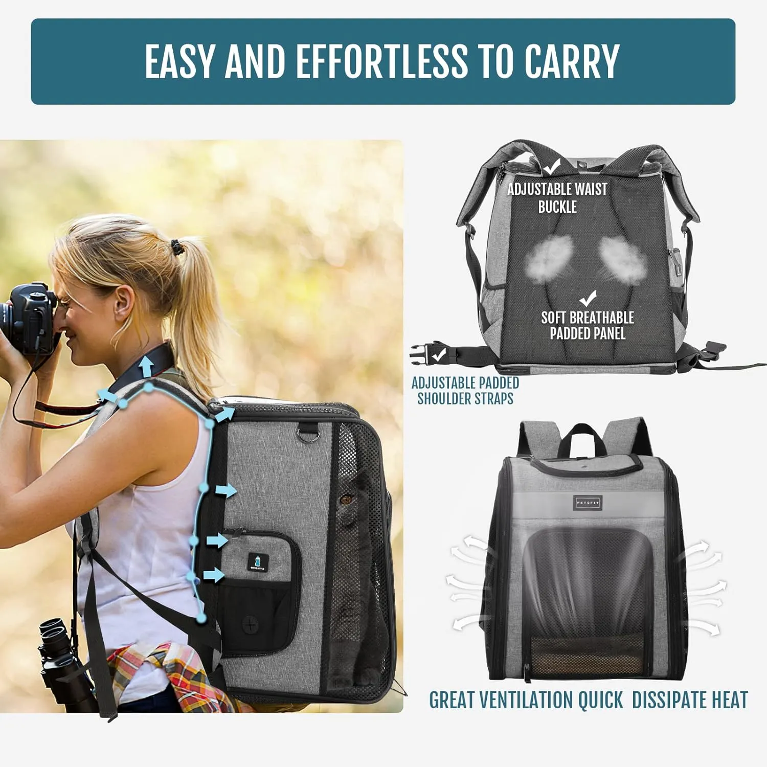 Petsfit Cat Backpack Carrier with Soft Plush Mat, Cross Ventilation Design, Dog Backpack Easy Fit for Travel Camping Hiking, Hold Pets Up to 22 lbs