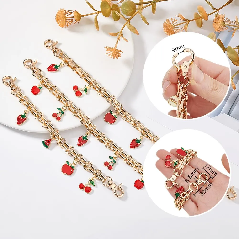 PH PandaHall 3 PCS Gold Decorative Bag Chain, 8" 9.7" 12" Purse Chains with Fruit Enamel Pendant, Replacement Extension Chain for Tote Shoulder Bags Handle Bag Chain Straps Charms for Women Crossbody