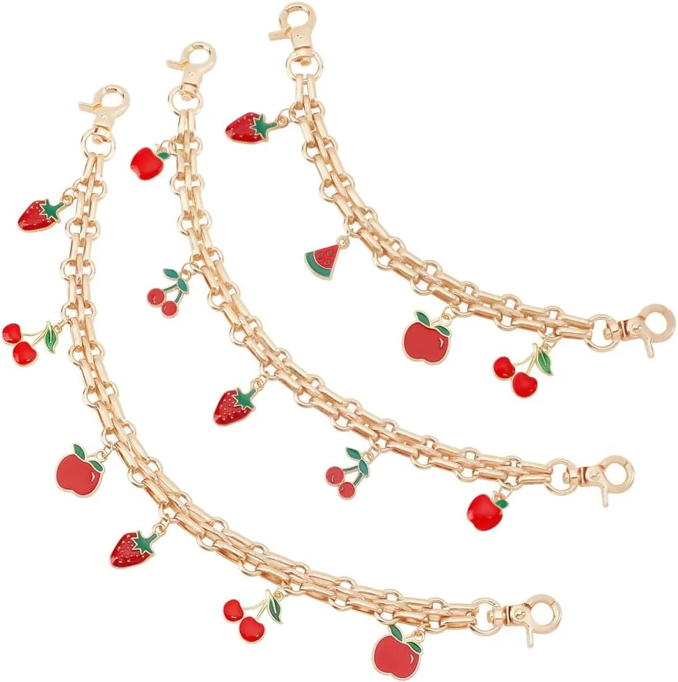 PH PandaHall 3 PCS Gold Decorative Bag Chain, 8" 9.7" 12" Purse Chains with Fruit Enamel Pendant, Replacement Extension Chain for Tote Shoulder Bags Handle Bag Chain Straps Charms for Women Crossbody