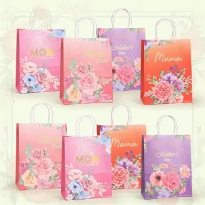 piqiya 24pcs Mother's Day Gift Bags,Kraft Paper Gift Bags with Floral Design,Mother's Day Party Bags,8.2x5.9x3.1 Inches