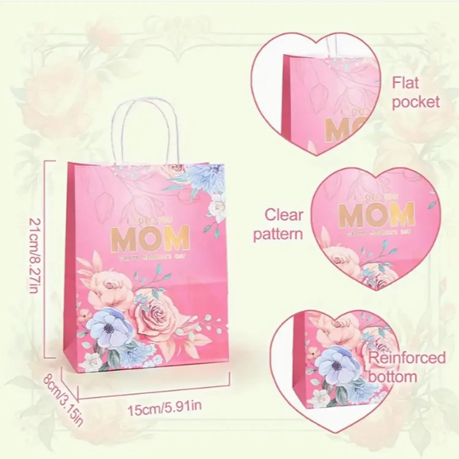 piqiya 24pcs Mother's Day Gift Bags,Kraft Paper Gift Bags with Floral Design,Mother's Day Party Bags,8.2x5.9x3.1 Inches