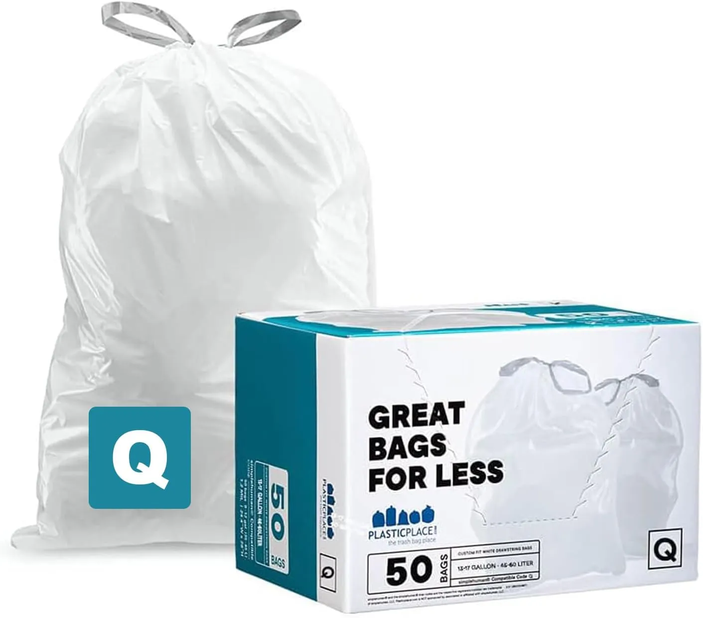 Plasticplace Custom Fit Trash Bags, Compatible with simplehuman Code Q (50 Count) White Drawstring Garbage Liners 13-17 Gallon/ 40-65 Liter 25" x 32.5"