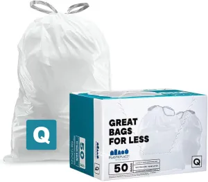 Plasticplace Custom Fit Trash Bags, Compatible with simplehuman Code Q (50 Count) White Drawstring Garbage Liners 13-17 Gallon/ 40-65 Liter 25" x 32.5"