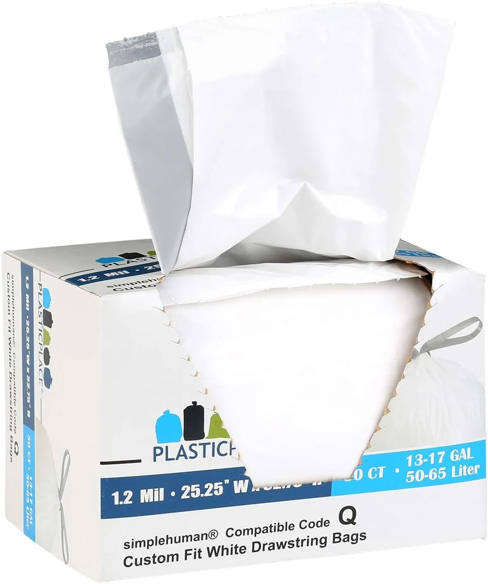 Plasticplace Custom Fit Trash Bags, Compatible with simplehuman Code Q (50 Count) White Drawstring Garbage Liners 13-17 Gallon/ 40-65 Liter 25" x 32.5"