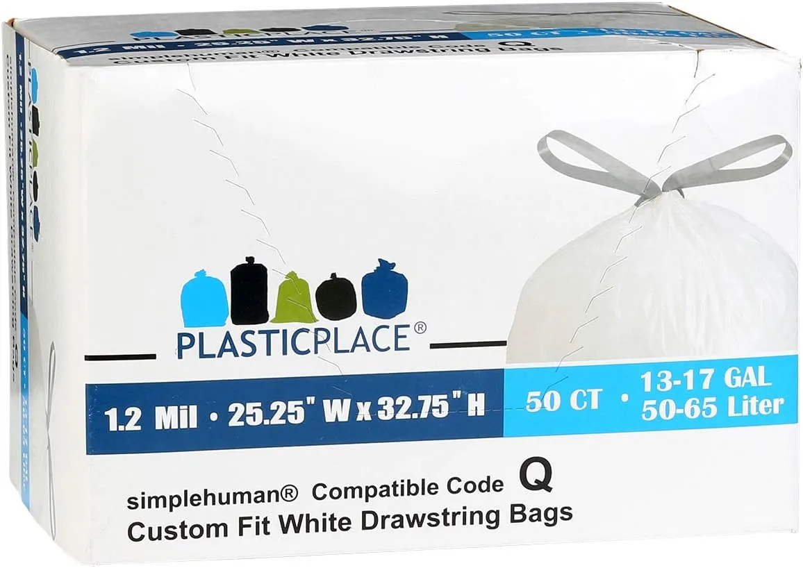 Plasticplace Custom Fit Trash Bags, Compatible with simplehuman Code Q (50 Count) White Drawstring Garbage Liners 13-17 Gallon/ 40-65 Liter 25" x 32.5"