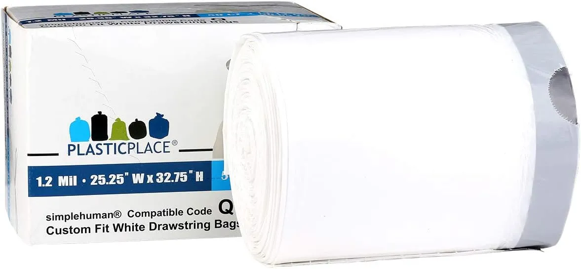Plasticplace Custom Fit Trash Bags, Compatible with simplehuman Code Q (50 Count) White Drawstring Garbage Liners 13-17 Gallon/ 40-65 Liter 25" x 32.5"
