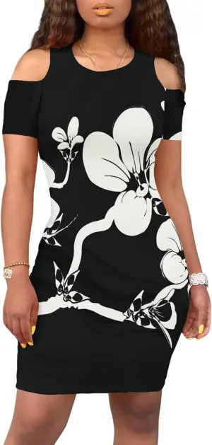 Plus Size Dresses for Curvy Women Sexy Open Shoulder Round Neck Sundress with Sleeves Casual Loose T-Shirt Swing Dress