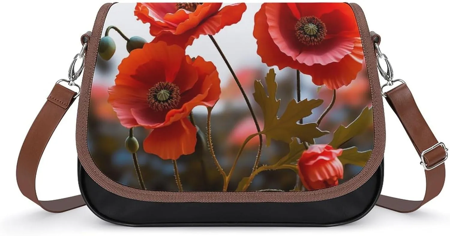 Poppy Flowers Vivid Petals Shoulder Bags PU Leather Shoulder Handbag Large Capacity Crossbody Bag for Women