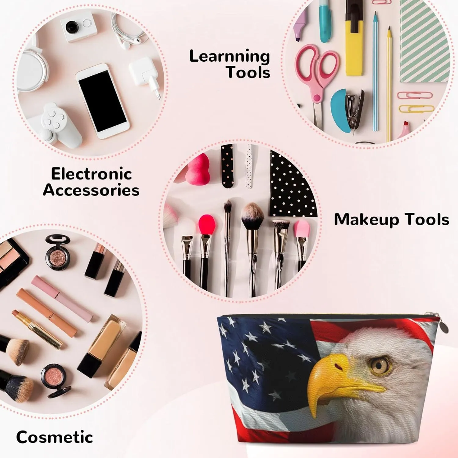 Portable Makeup Bag Zipper Pouch Travel Make up Organizer Bag Toiletry bag Water-resistant Aesthetic PVC Leather Cosmetic Bags for Women and Girls with American Flag Bald Eagle