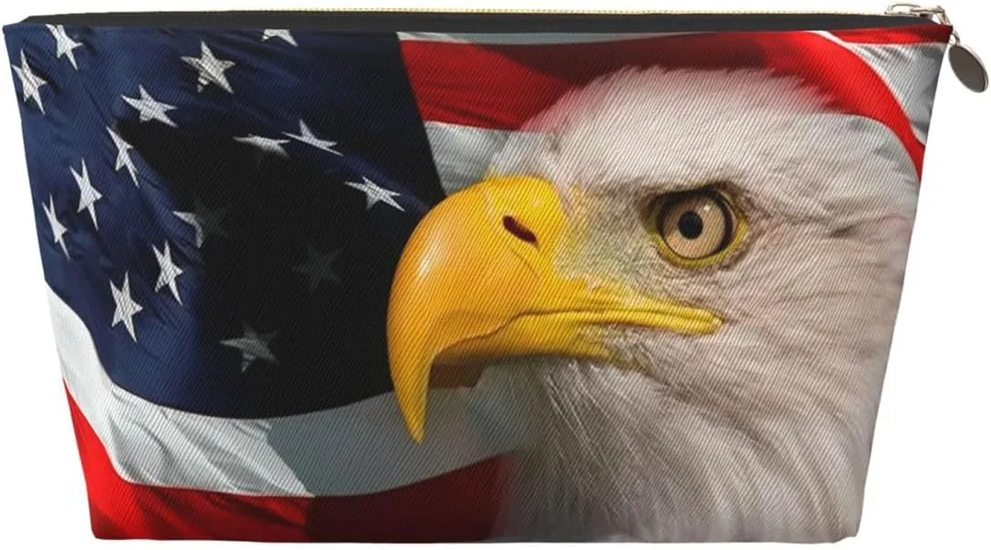 Portable Makeup Bag Zipper Pouch Travel Make up Organizer Bag Toiletry bag Water-resistant Aesthetic PVC Leather Cosmetic Bags for Women and Girls with American Flag Bald Eagle
