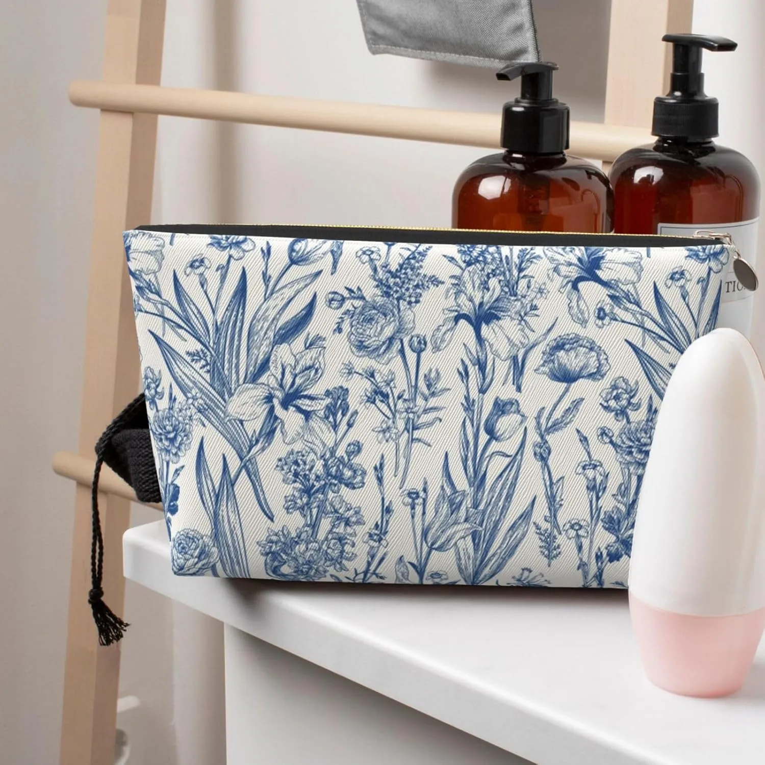 Portable Makeup Bag Zipper Pouch Travel Make up Organizer Bag Toiletry bag Water-resistant Aesthetic PVC Leather Cosmetic Bags for Women and Girls with Blue Line Flower