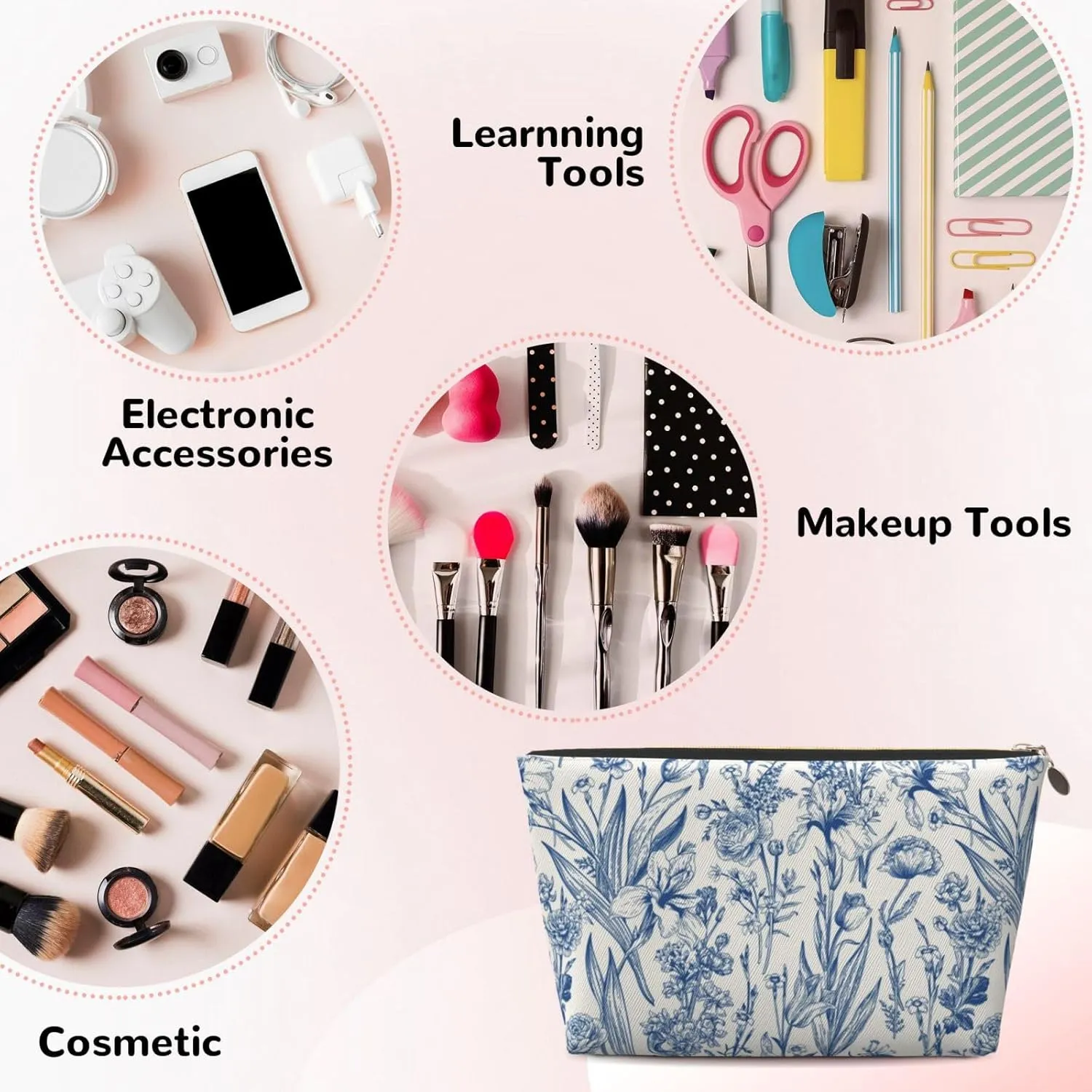 Portable Makeup Bag Zipper Pouch Travel Make up Organizer Bag Toiletry bag Water-resistant Aesthetic PVC Leather Cosmetic Bags for Women and Girls with Blue Line Flower