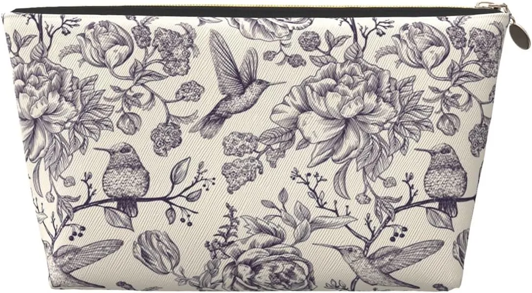 Portable Makeup Bag Zipper Pouch Travel Make up Organizer Bag Toiletry bag Water-resistant Aesthetic PVC Leather Cosmetic Bags for Women and Girls with Flower and Bird