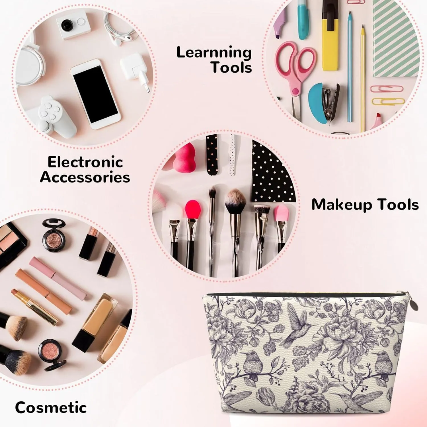 Portable Makeup Bag Zipper Pouch Travel Make up Organizer Bag Toiletry bag Water-resistant Aesthetic PVC Leather Cosmetic Bags for Women and Girls with Flower and Bird