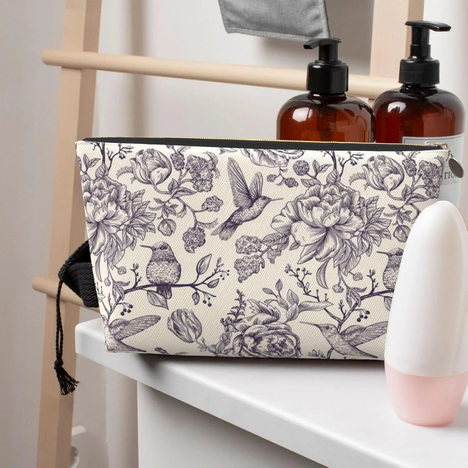 Portable Makeup Bag Zipper Pouch Travel Make up Organizer Bag Toiletry bag Water-resistant Aesthetic PVC Leather Cosmetic Bags for Women and Girls with Flower and Bird