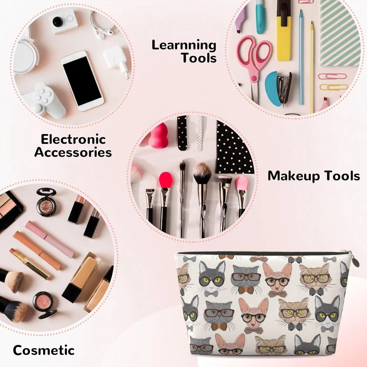 Portable Makeup Bag Zipper Pouch Travel Make up Organizer Bag Toiletry bag Water-resistant Aesthetic PVC Leather Cosmetic Bags for Women and Girls with Funny Cat