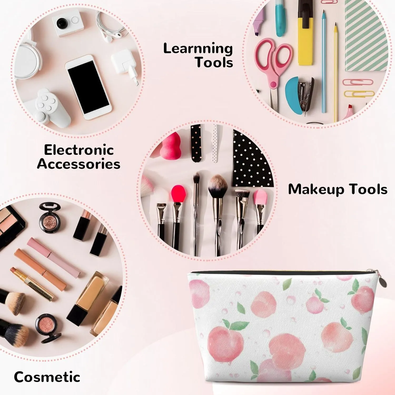 Portable Makeup Bag Zipper Pouch Travel Make up Organizer Bag Toiletry bag Water-resistant Aesthetic PVC Leather Cosmetic Bags for Women and Girls with Juicy Peach