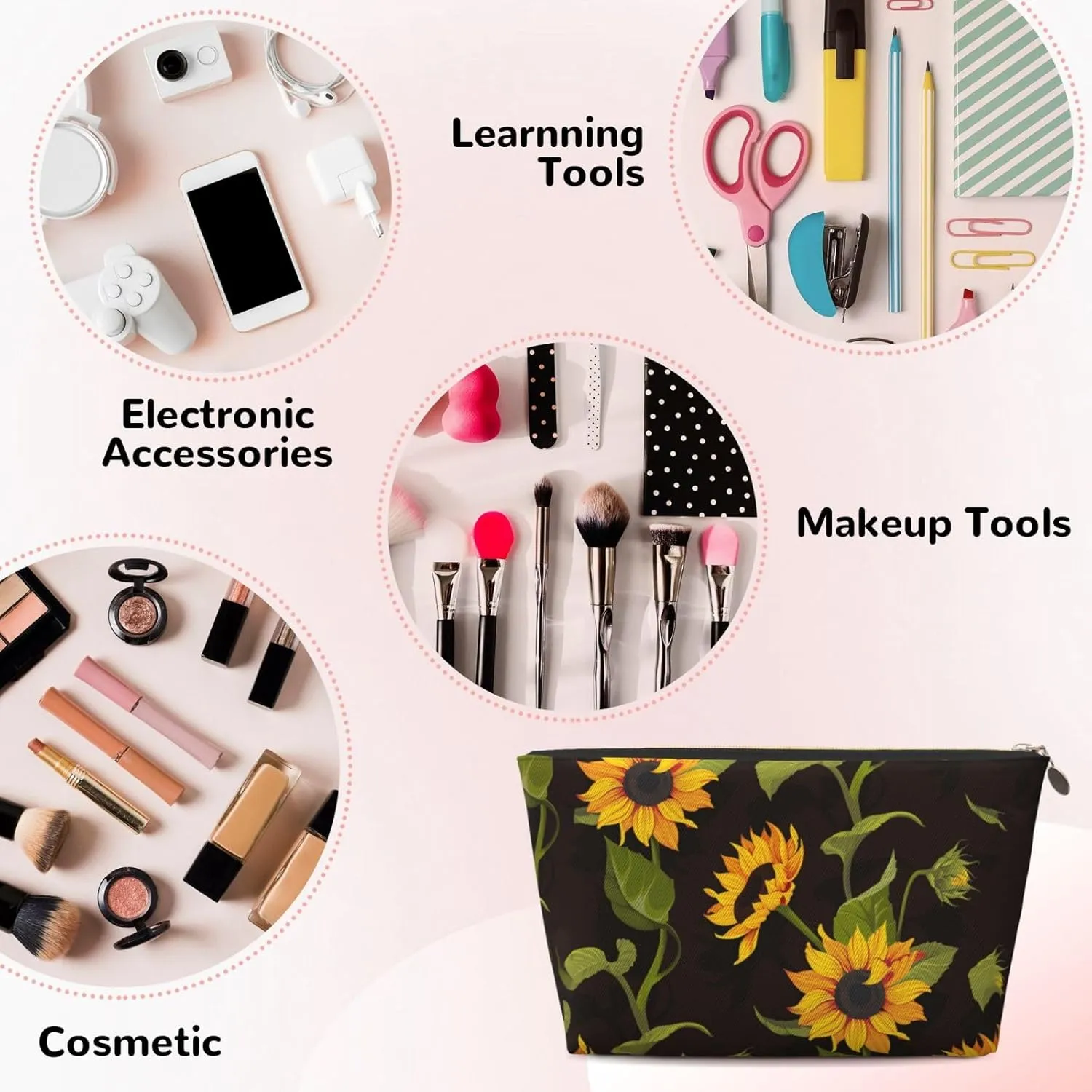 Portable Makeup Bag Zipper Pouch Travel Make up Organizer Bag Toiletry bag Water-resistant Aesthetic PVC Leather Cosmetic Bags for Women and Girls with Sunflower