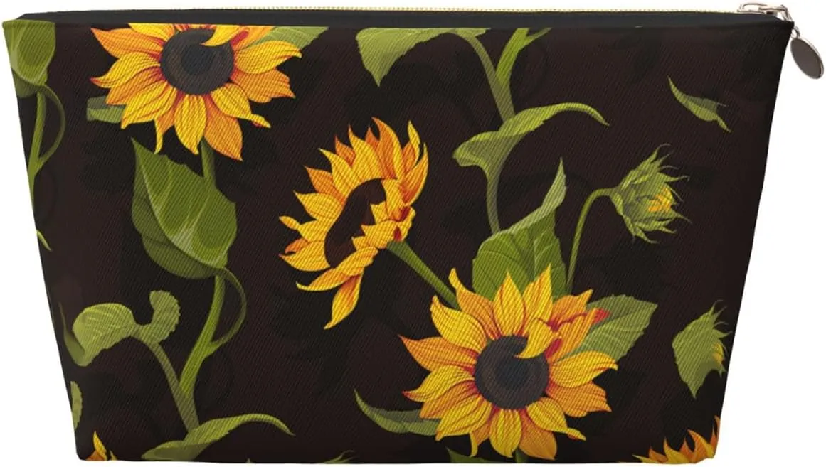 Portable Makeup Bag Zipper Pouch Travel Make up Organizer Bag Toiletry bag Water-resistant Aesthetic PVC Leather Cosmetic Bags for Women and Girls with Sunflower