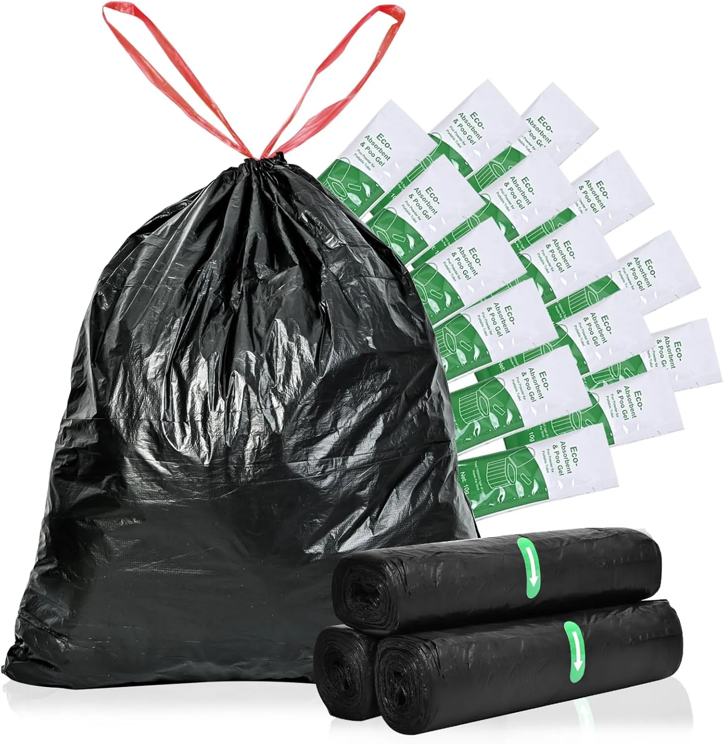 Portable Toilet Bags Poo Gel Set, 30 Count Portable Drawstring Toilet Bags with 30 Count Absorbent Gel Pee Powder for Camping Toilet Potty Traveling RV Trip Car Emergency Outdoor Camping Supplies