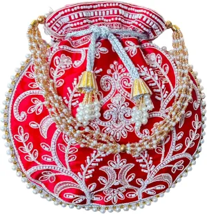 Potli Bag for Women Ethnic Gold, Pearl Handle Floral Accents, Drawstring Closure Pearls Handle Batwa Clutch Purse