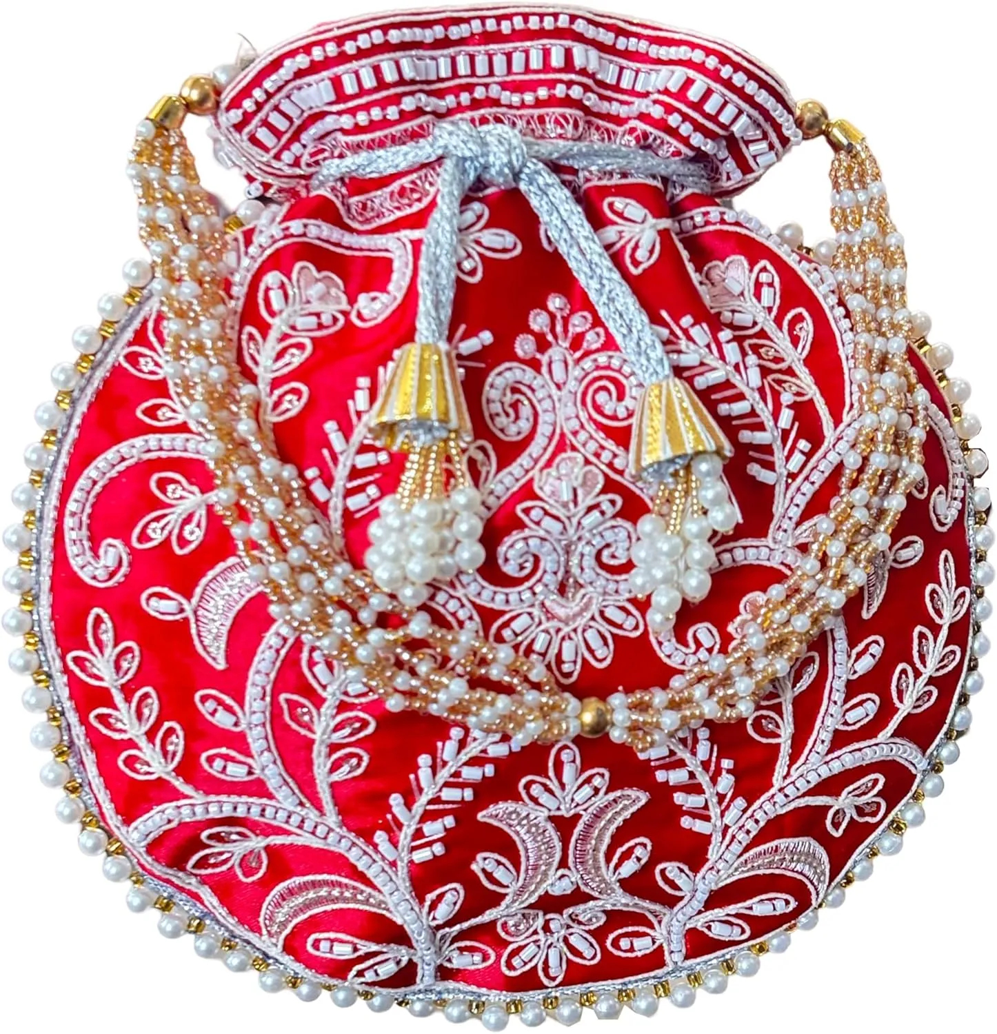Potli Bag for Women Ethnic Gold, Pearl Handle Floral Accents, Drawstring Closure Pearls Handle Batwa Clutch Purse