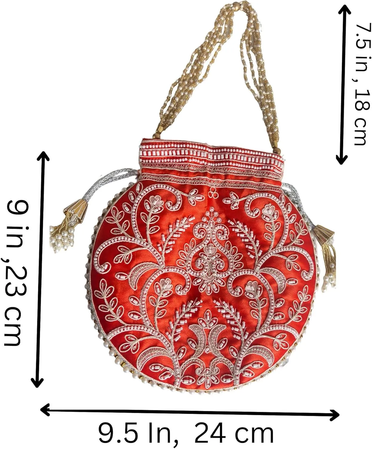 Potli Bag for Women Ethnic Gold, Pearl Handle Floral Accents, Drawstring Closure Pearls Handle Batwa Clutch Purse