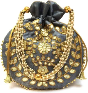 Potli Bag for Women Jewelry Coin Pouch Grey Evening Bags Gota Patti Work Batwa Pearls Handle Clutch Designer Silk Drawstring Purse (Grey H*L:9 * 9.5 Inch)