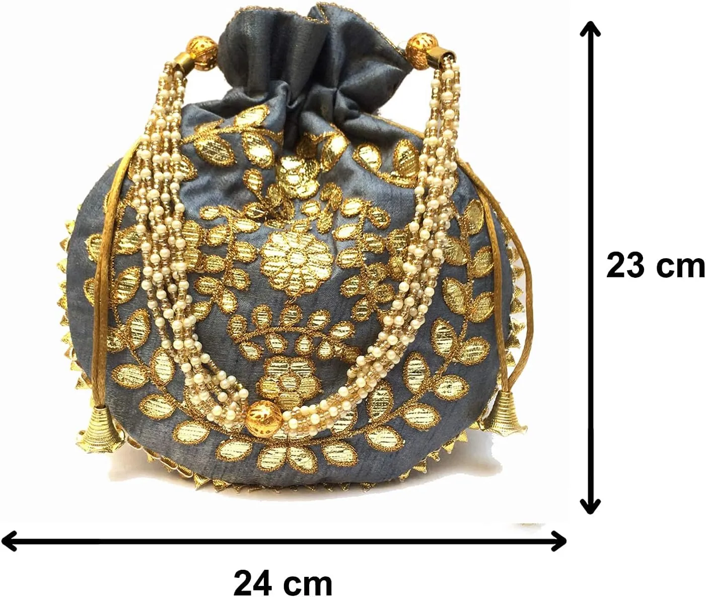 Potli Bag for Women Jewelry Coin Pouch Grey Evening Bags Gota Patti Work Batwa Pearls Handle Clutch Designer Silk Drawstring Purse (Grey H*L:9 * 9.5 Inch)