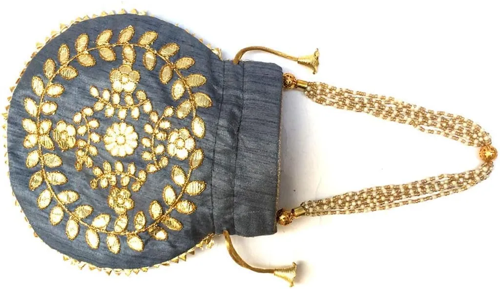 Potli Bag for Women Jewelry Coin Pouch Grey Evening Bags Gota Patti Work Batwa Pearls Handle Clutch Designer Silk Drawstring Purse (Grey H*L:9 * 9.5 Inch)
