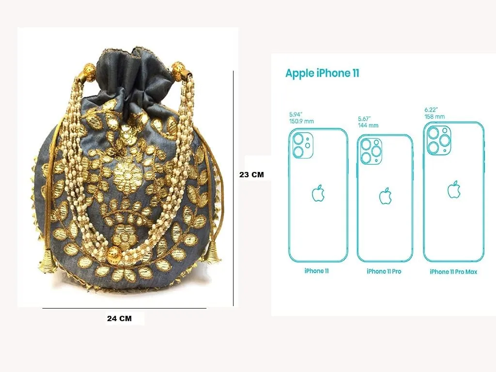 Potli Bag for Women Jewelry Coin Pouch Grey Evening Bags Gota Patti Work Batwa Pearls Handle Clutch Designer Silk Drawstring Purse (Grey H*L:9 * 9.5 Inch)